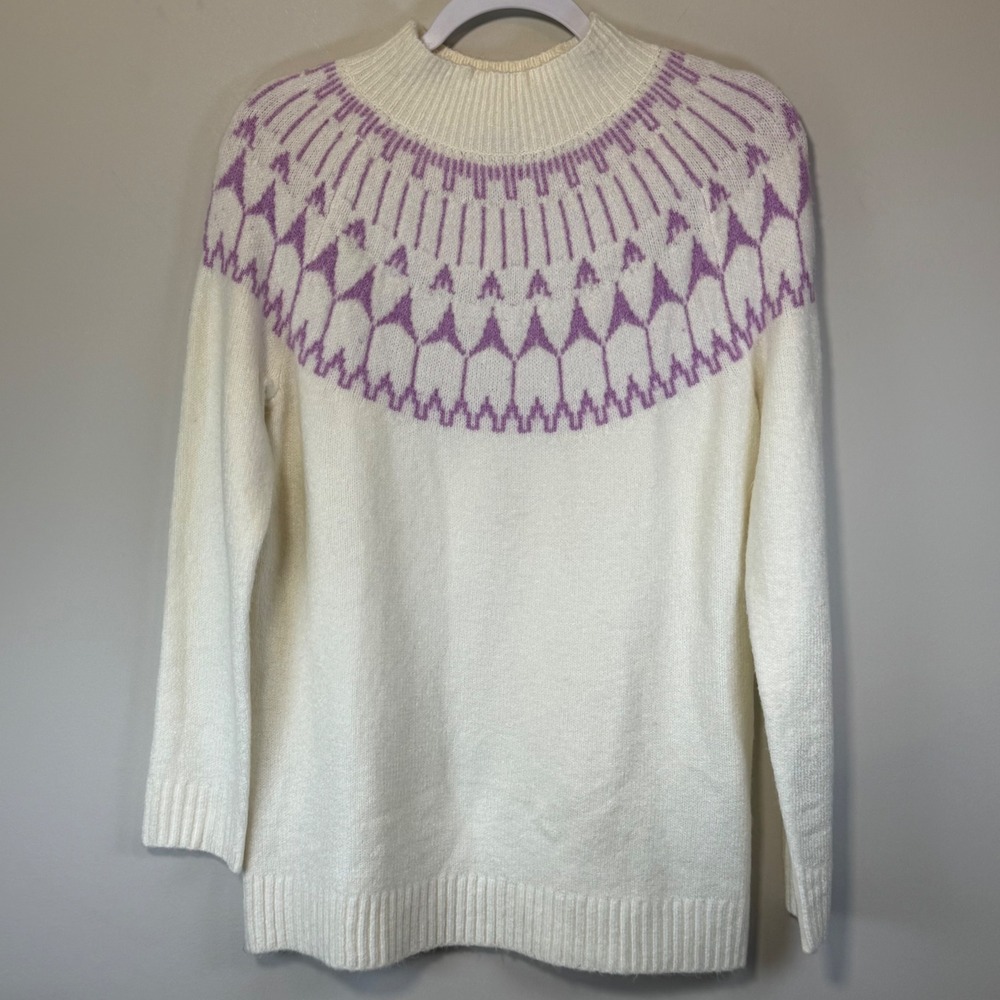 Talbots Fair Isle Sweater Womens Petite Medium PM Ivory Purple New Mock‎ Neck
